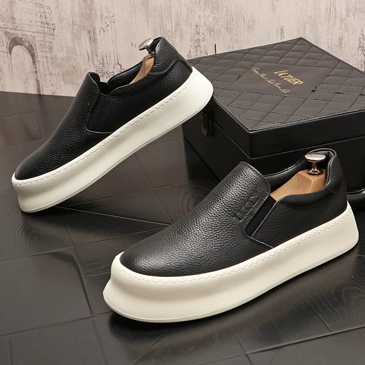 Men's Height-Increasing Slip-On Low-Top Genuine Leather White Skate Sneakers Casual