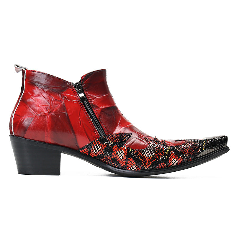 Chinese red printed work boots American retro men's boots high-top Martin boots increased pointed toe men's short boots Roman style