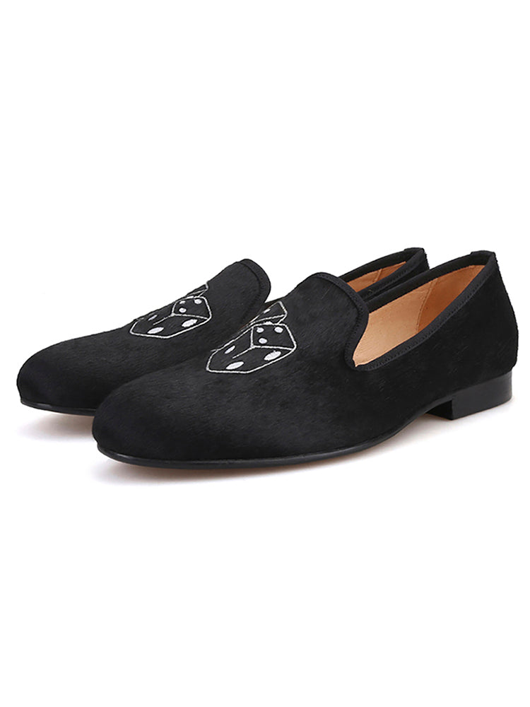 British style handmade men's classic loafers horse hair leather dice embroidered smoking shoes yuppie shoes