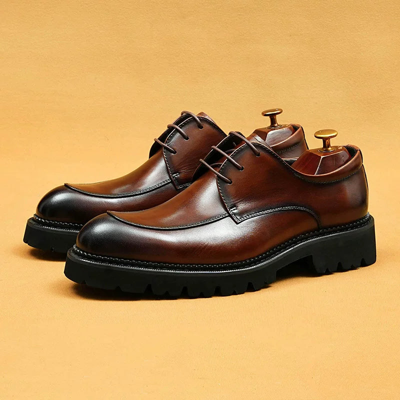 Men's Genuine Leather Derby Shoes, Thick Sole, Pointed Toe