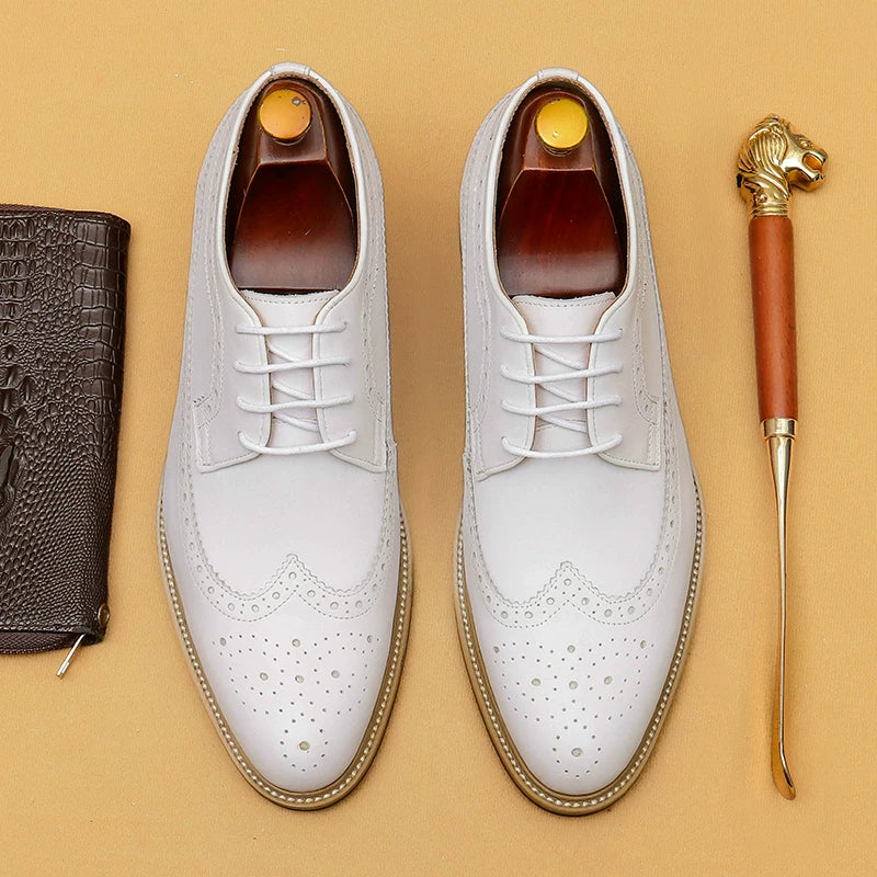 Men's White Genuine Leather Leather Shoes, Height Increasing, Business