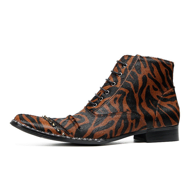 Chelsea boots autumn and winter men's pointed-toe British leopard print Martin boots youth high-top leather boots brown short boots leather shoes trendy