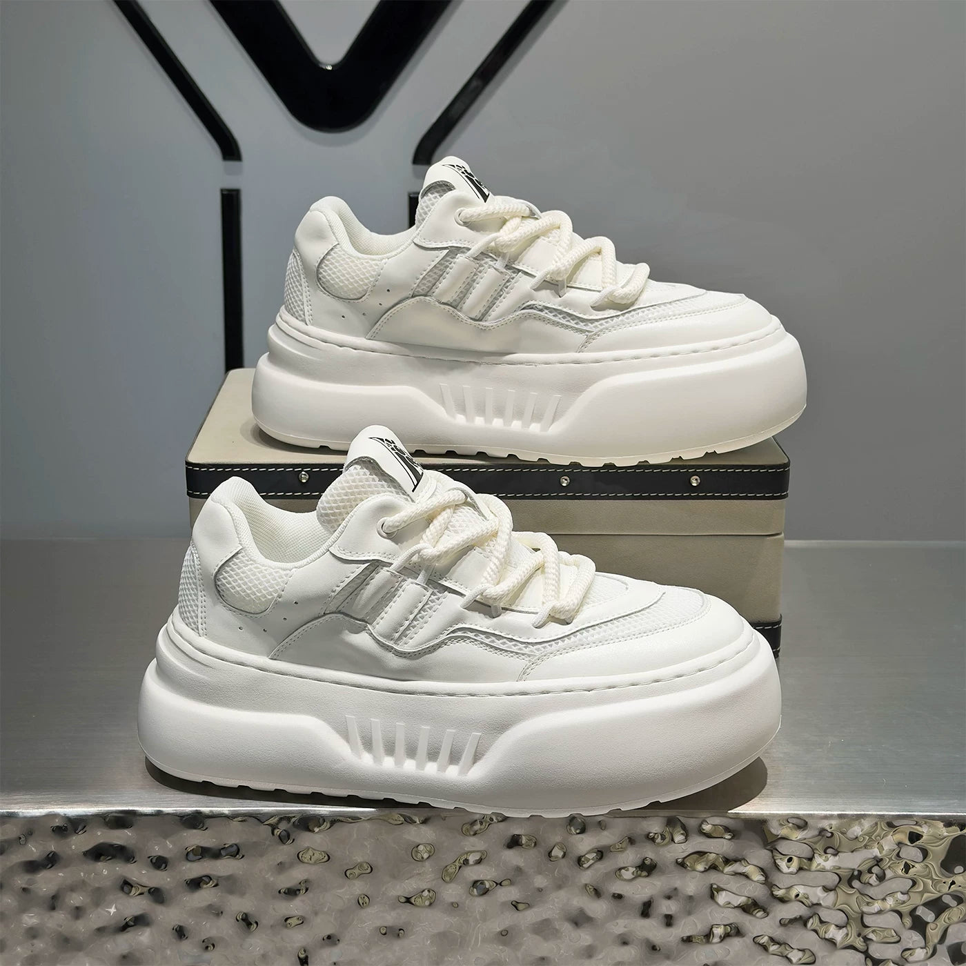 Men's Height-Increasing Platform Mesh Low-Top Trendy White Sneakers