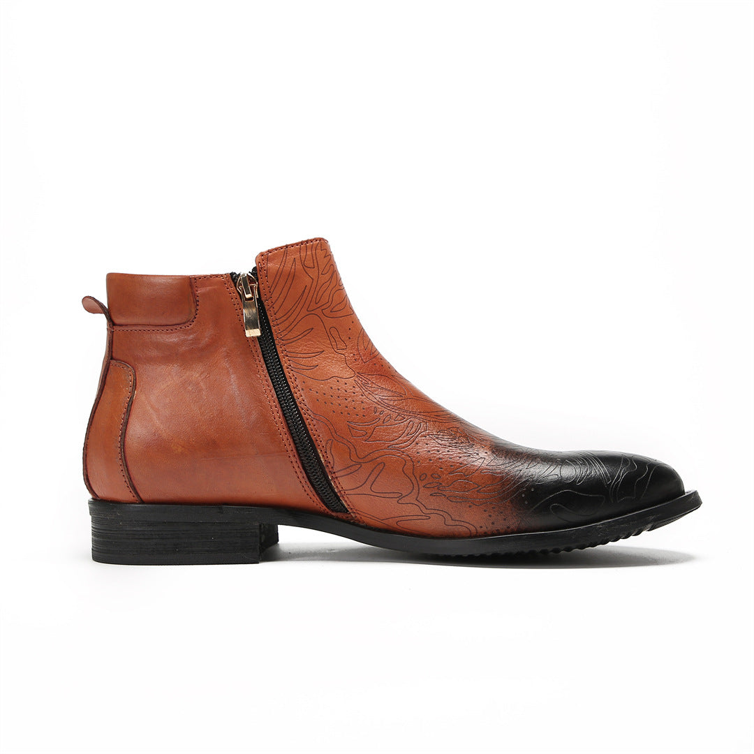 Men's Brown Leather Boots – Embroidered, Retro