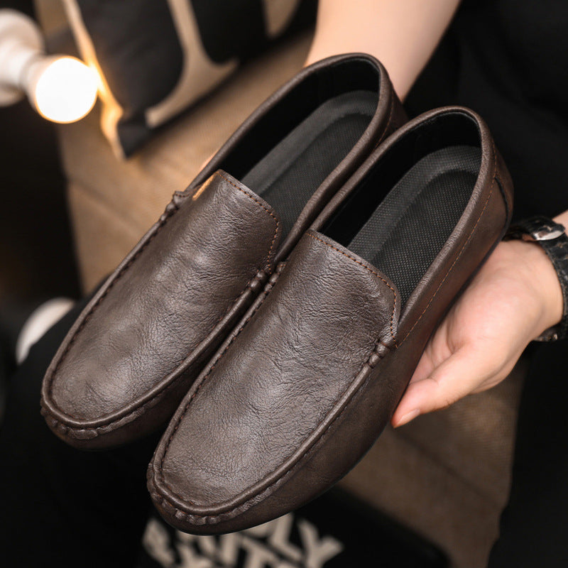 Spring and summer men's shoes low-top Doudou shoes versatile casual shoes breathable leather shoes black work shoes one pedal