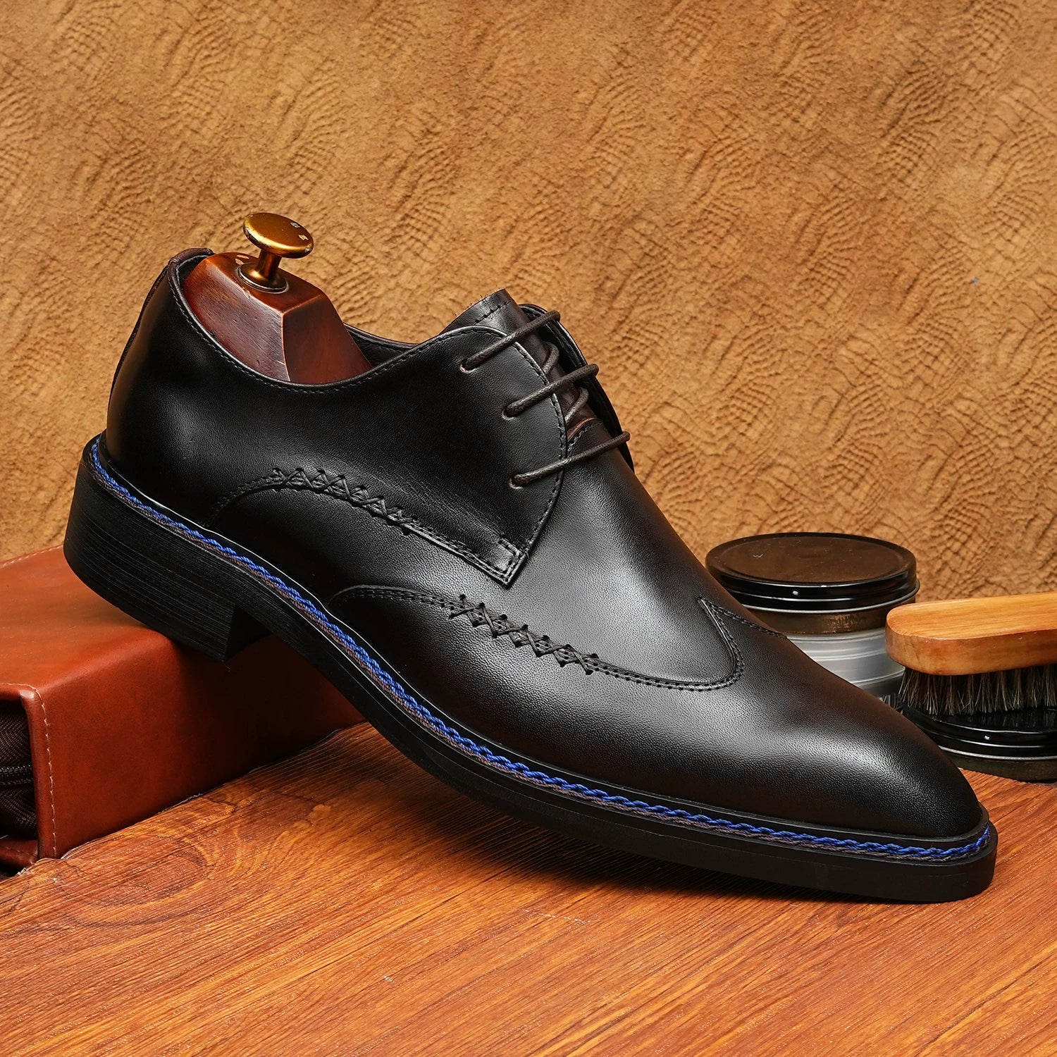 Men's Black Genuine Leather Derby Shoes, Pointed Toe, Business