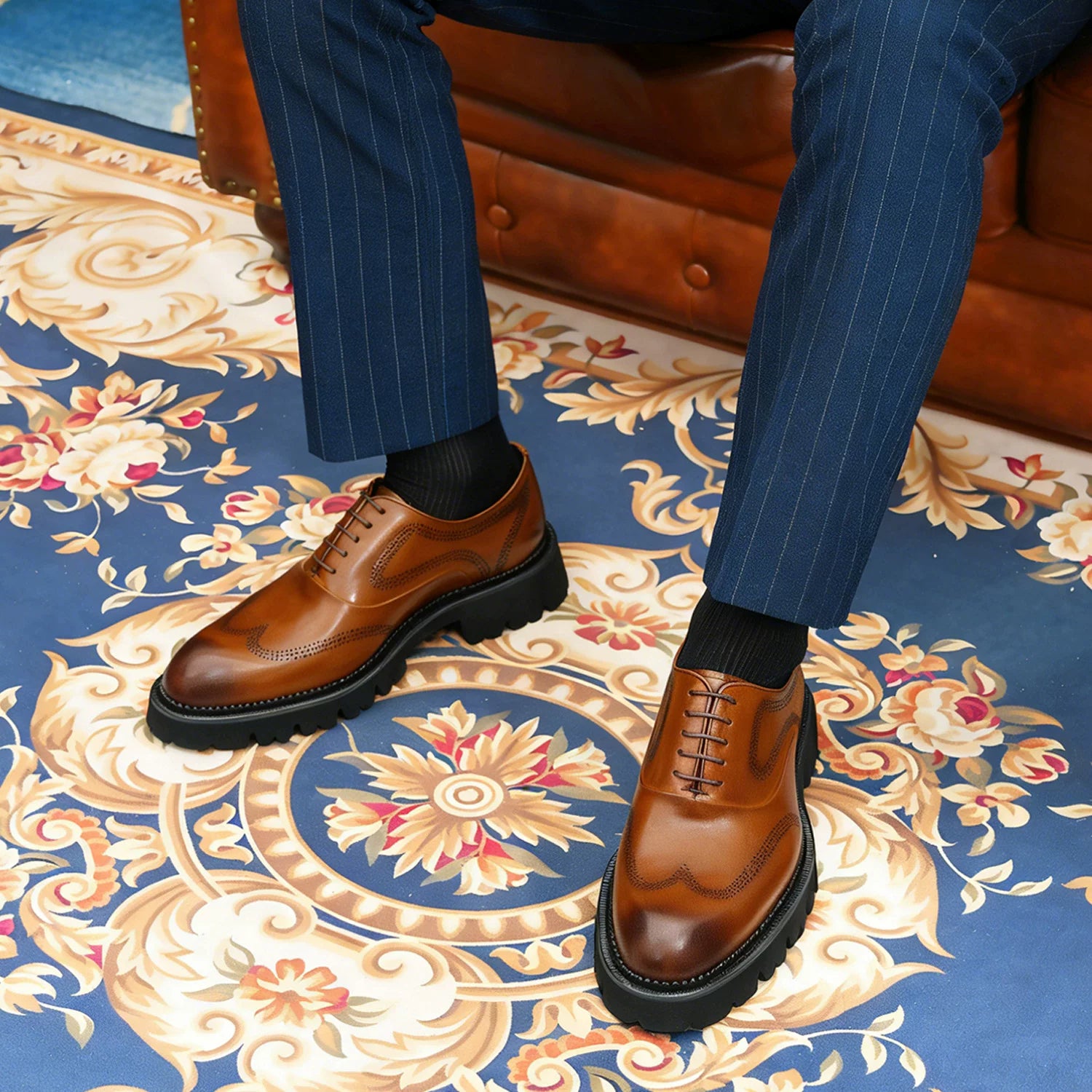 Men's Brown Genuine Leather Leather Shoes, Height Increasing, Thick Sole