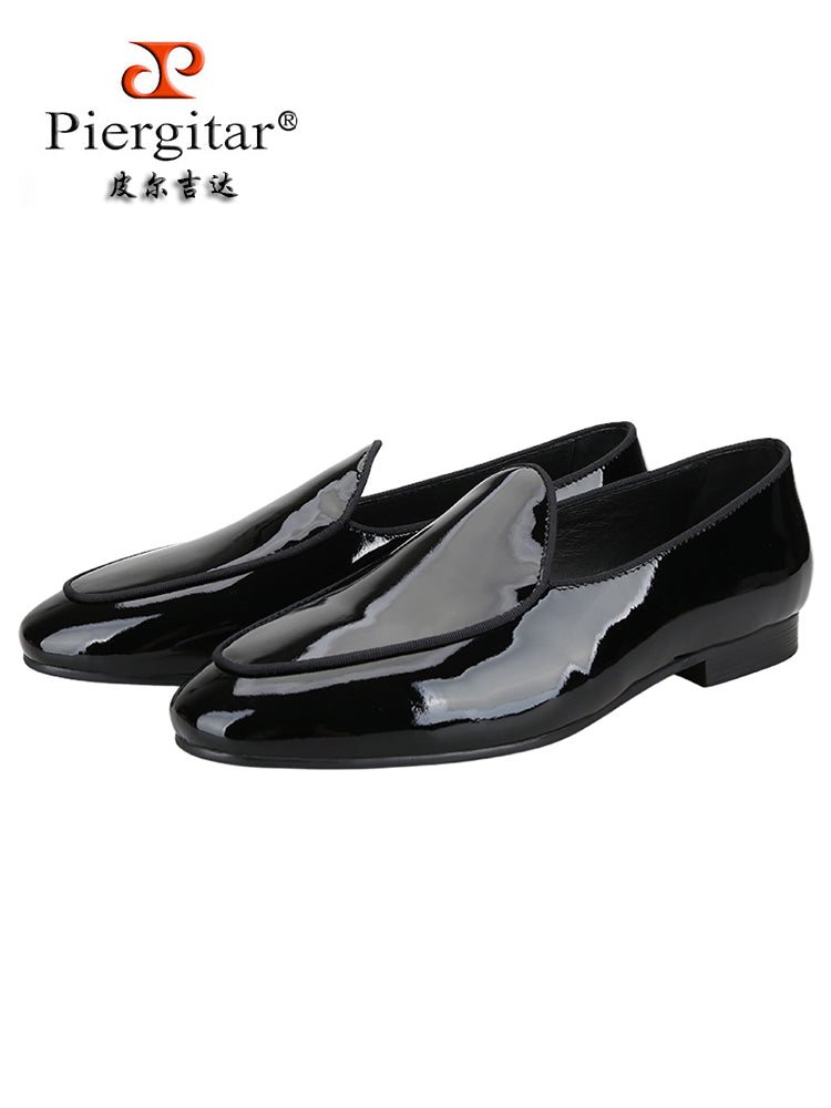 Pure European and American men's slip-on patent leather formal shoes trendy party wedding banquet genuine leather loafers smoking shoes for men
