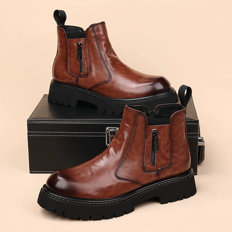 Men's Genuine Leather Martin Boots, Height Increasing, Thick Sole