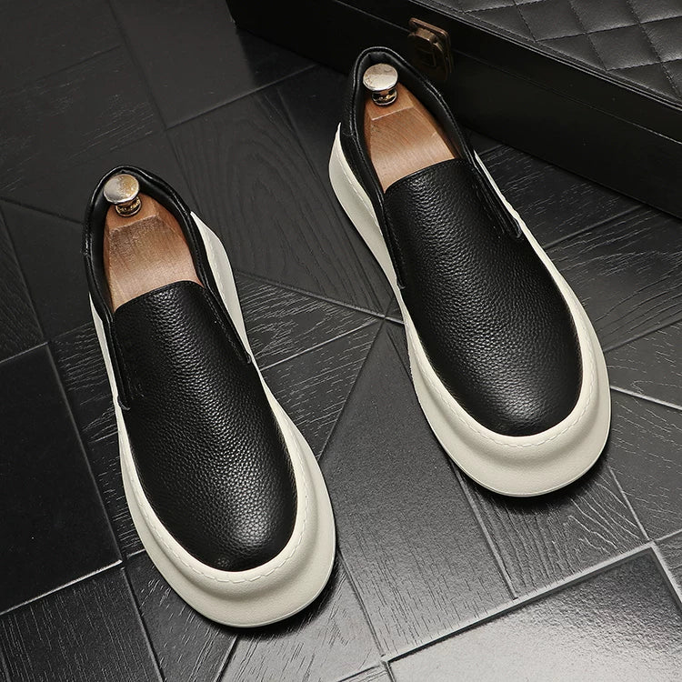 Men's Height-Increasing Slip-On Low-Top Genuine Leather White Skate Sneakers Casual