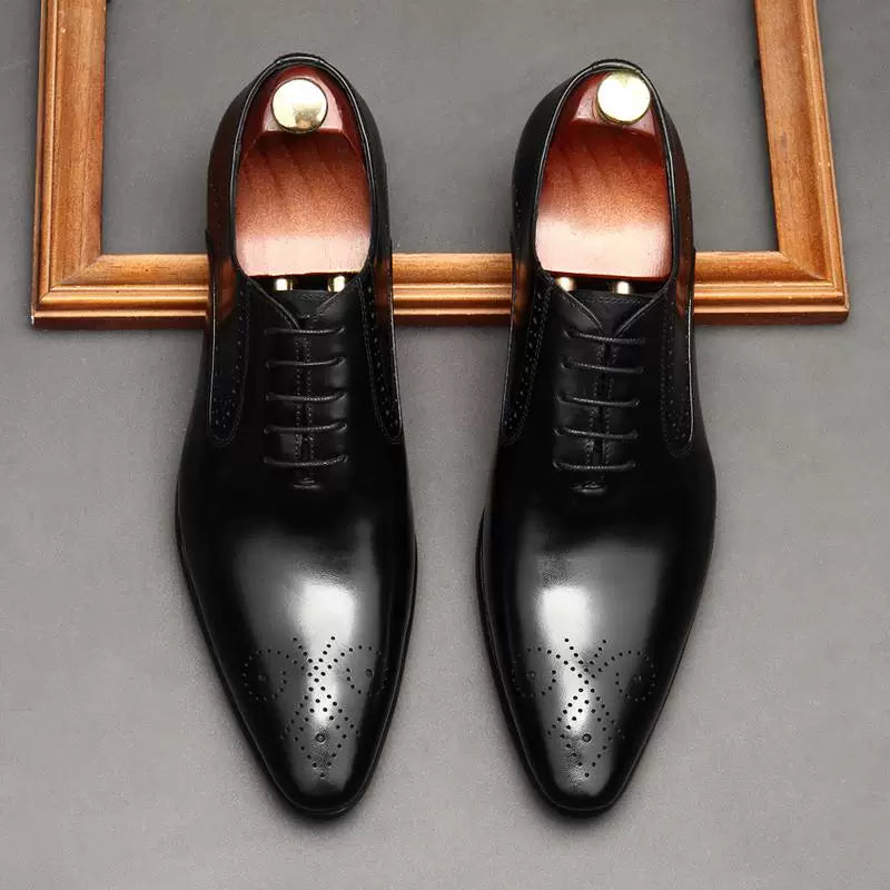 Men's Genuine Leather Derby Shoes, Pointed Toe, Lace-Up