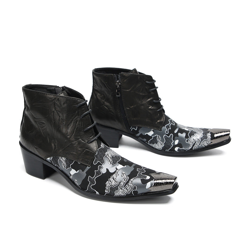 High-top shoes men's velvet autumn and winter leather printing trendy brand short boots British style Martin boots wear-resistant men's casual shoes