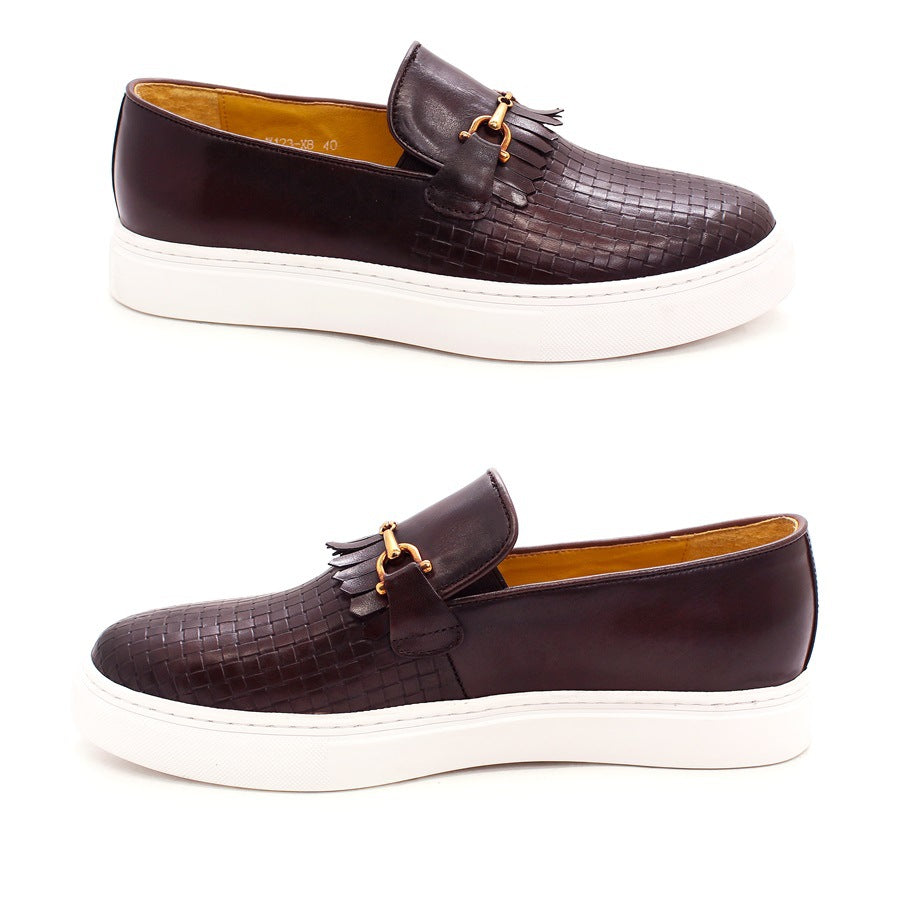 Leather Shoes Men's Leather Casual round Toe Pumps Flat Heel Woven Pattern Handmade Men's Shoes Fashion European and American Style Loafers Men