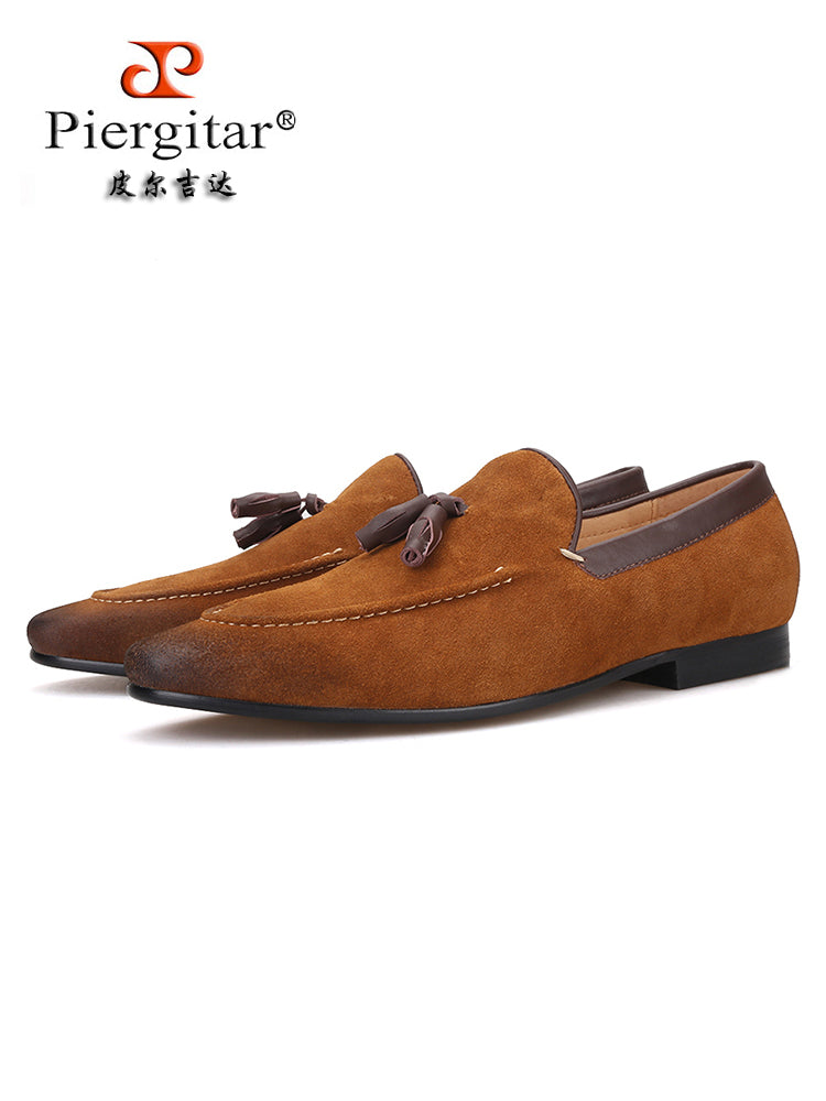 New British style two-color nubuck leather tassel slip-on shoes, trendy handmade slip-ons for men, loafers
