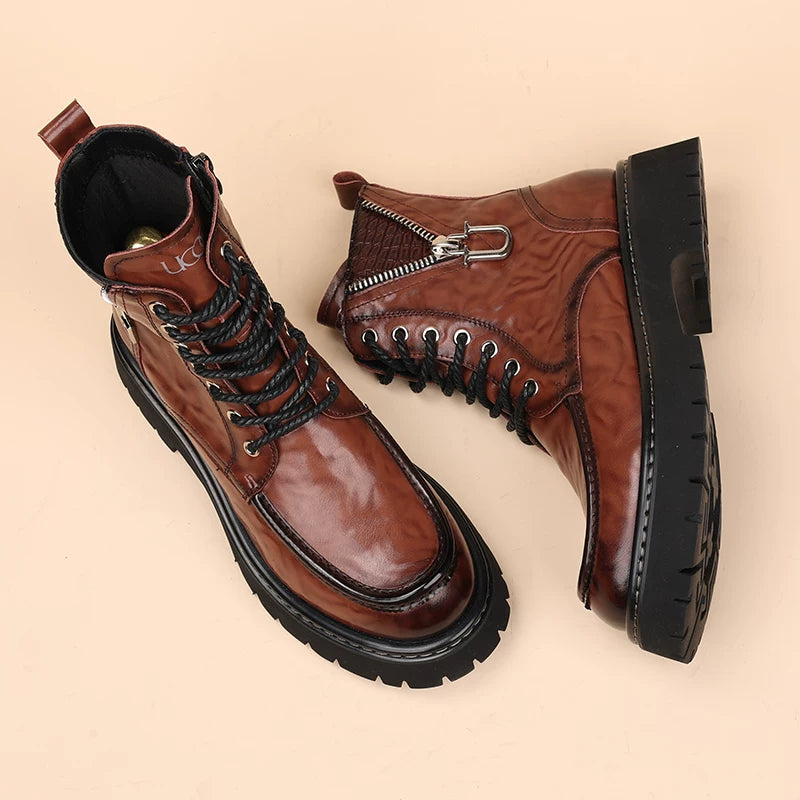 Men's Genuine Leather Martin Boots, Height Increasing, Thick Sole