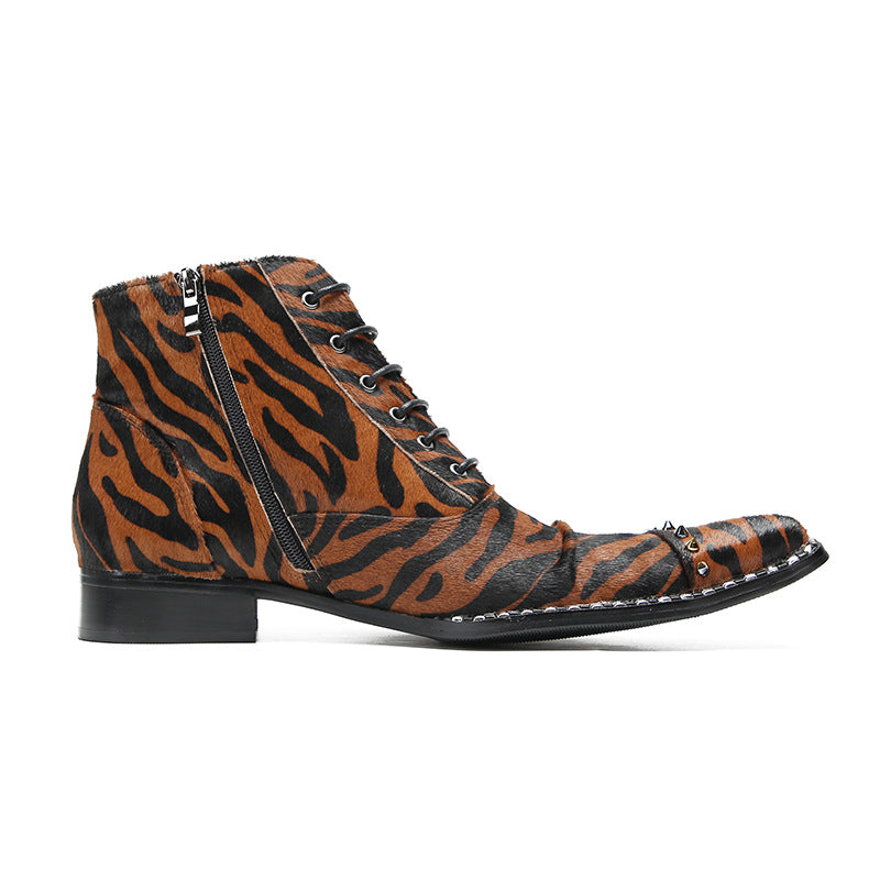 Chelsea boots autumn and winter men's pointed-toe British leopard print Martin boots youth high-top leather boots brown short boots leather shoes trendy