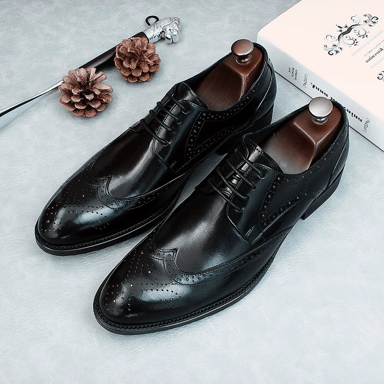 Men's Genuine Leather Wedding Shoes, Pointed Toe, Lace-Up