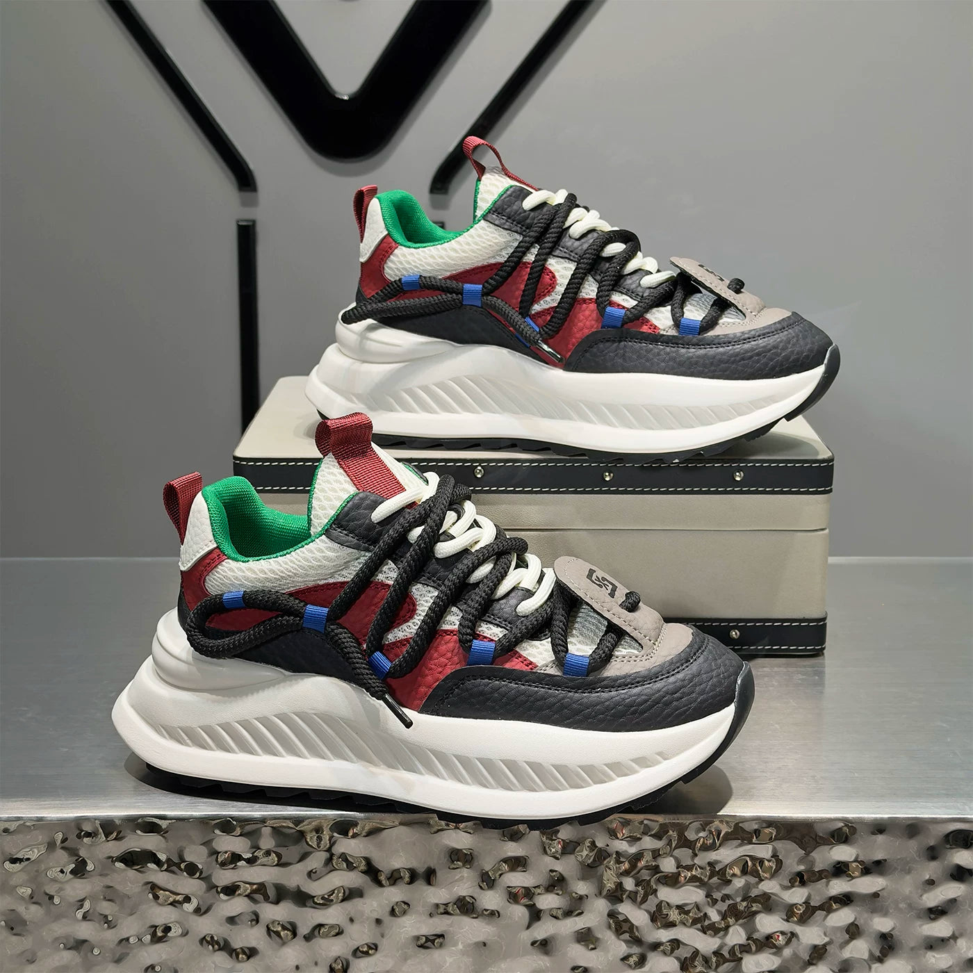 Men's Hidden-Wedge Platform Breathable Mesh Color-Block Chunky Dad Sneakers 2026