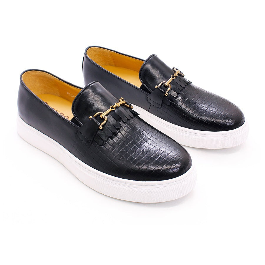 Leather Shoes Men's Leather Casual round Toe Pumps Flat Heel Woven Pattern Handmade Men's Shoes Fashion European and American Style Loafers Men