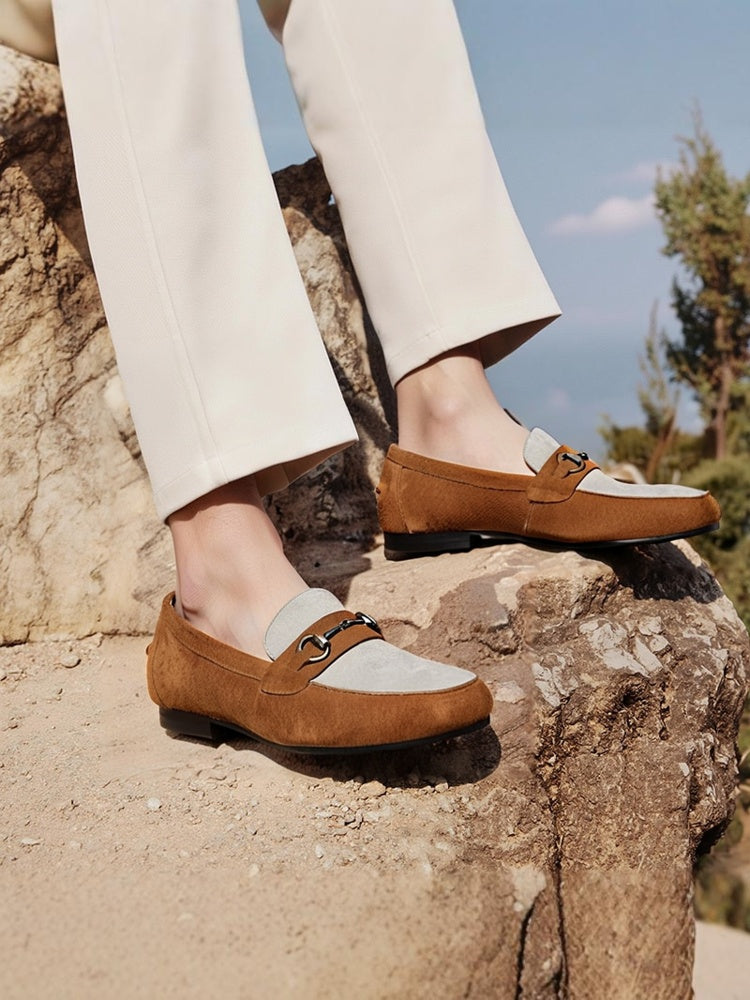 British style suede plush stitching men's slip-on loafers classic bronze horse shackle smoking shoes for men