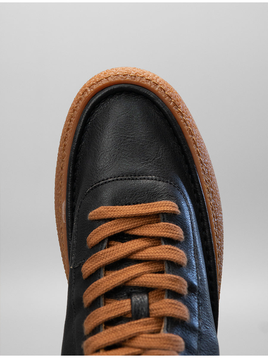 European station 2024 new retro solid color trendy shoes black cowhide sneakers versatile genuine leather mid-top men's casual shoes 17