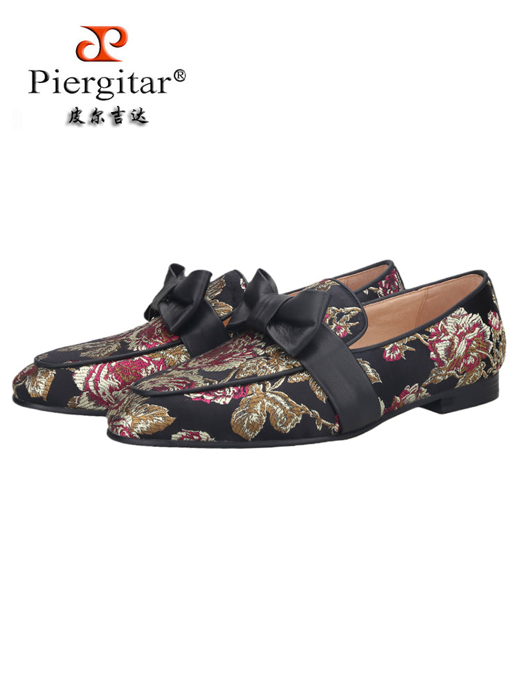 Chinese style floral print silk men's slip-on loafers are exported to Europe and the United States genuine leather bow smoking shoes for men