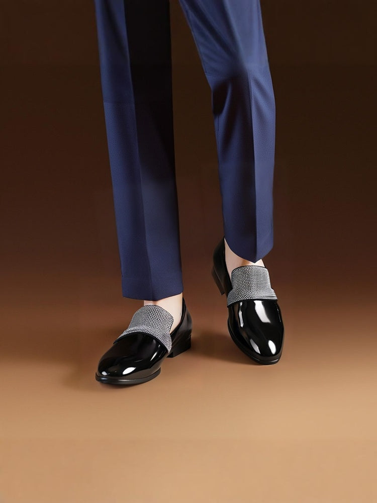 Luxury brand's same style black patent leather handmade pavé silver diamond men's versatile loafers for men