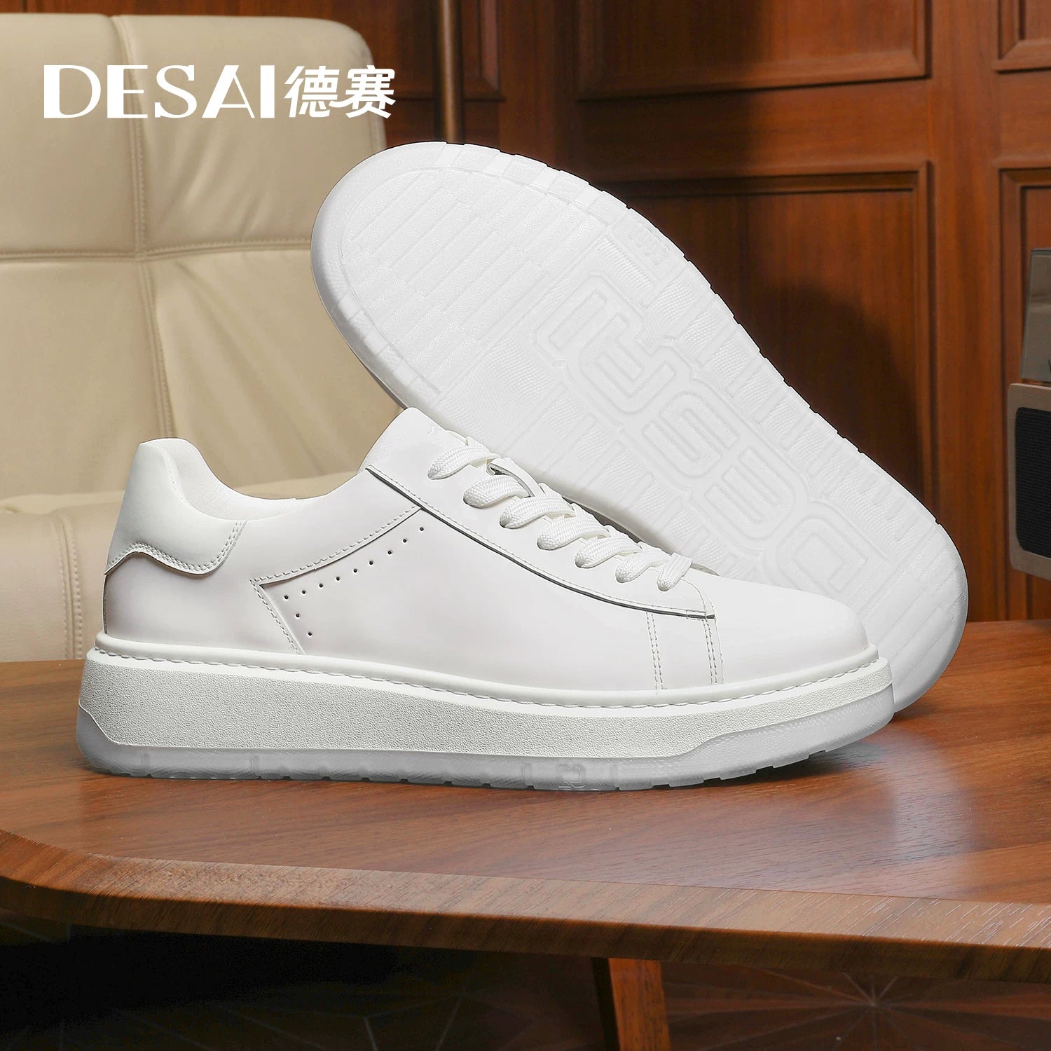 Men's Genuine Leather Skate Shoes, Height Increasing, Thick Sole