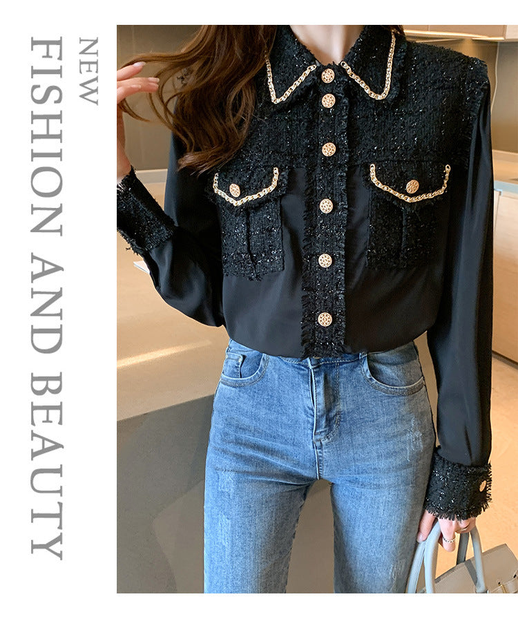 2024 autumn new design sense niche foreign style long sleeve heavy silk shirt women's small fragrant top