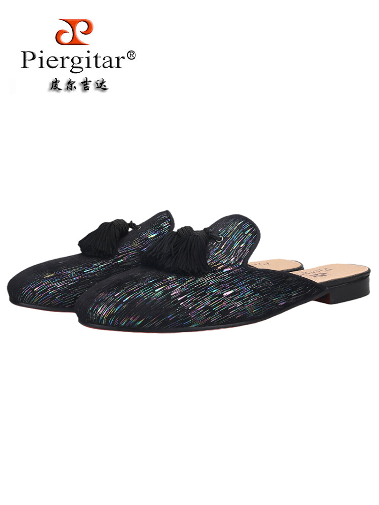 Piergitar summer breathable men's Mule slippers European and American style printed velvet tassel trendy slip-on shoes