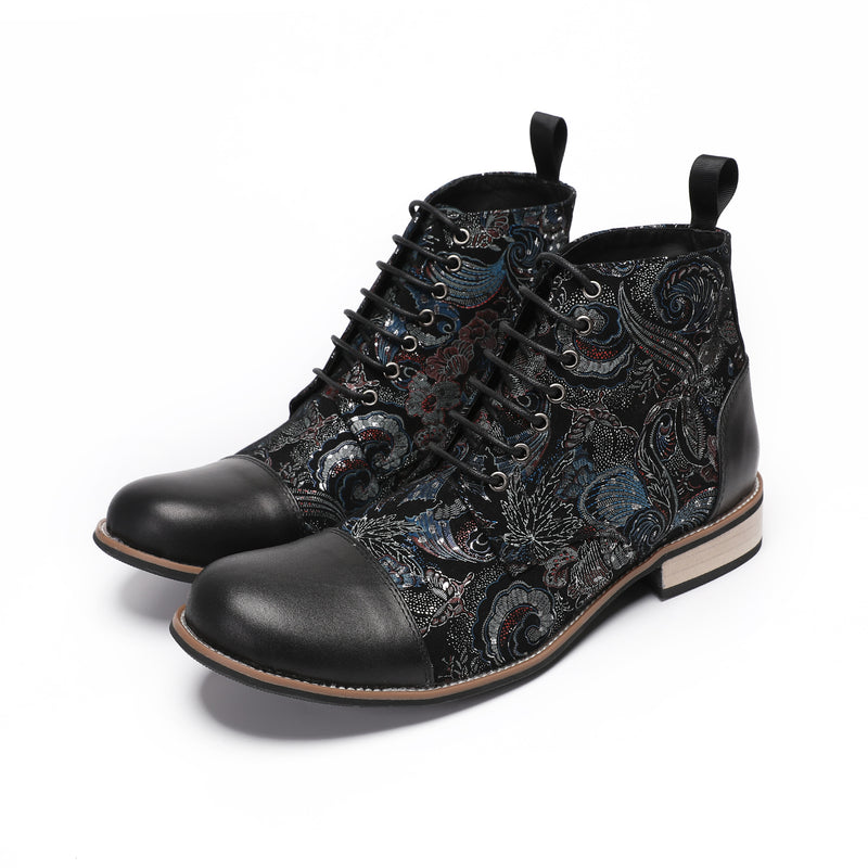 Men's Black Boots, Embroidered, Retro