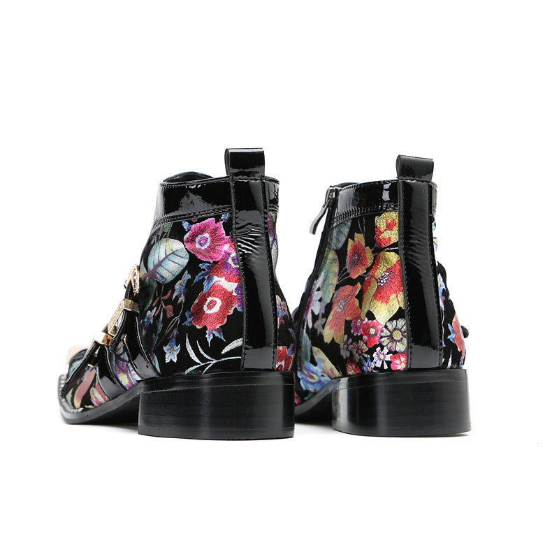 Printed new handmade shoes brand British thick-soled Chelsea boots men's trendy cowhide Martin boots square toe high-top short boots