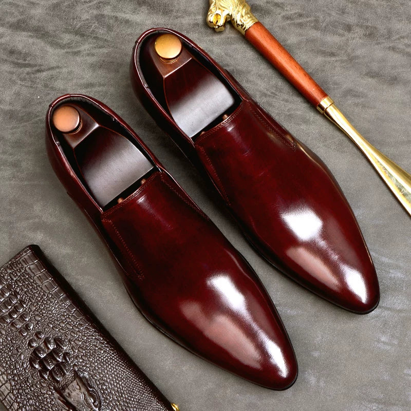 Men's Brown Genuine Leather Loafers, Pointed Toe, Slip-On