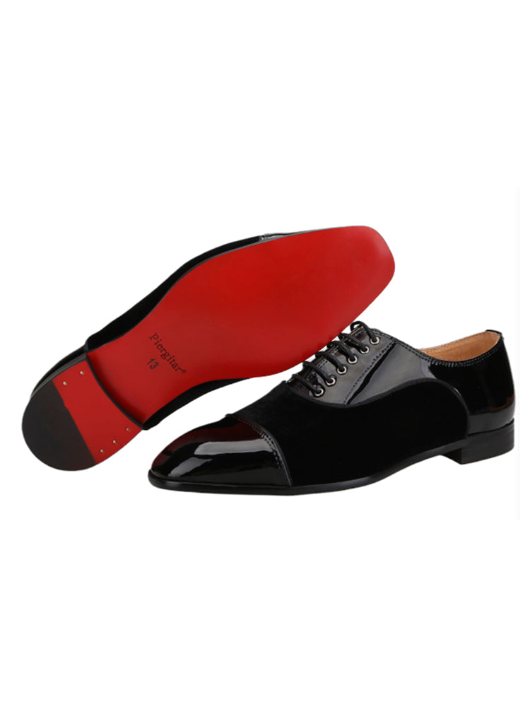 Pilgida patent leather velvet splicing men's lace-up formal shoes are exported to Europe and the United States wedding parties red-soled derby shoes