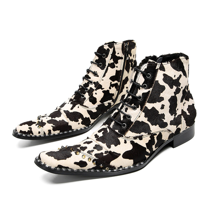 2023 European and American new style pointed toe retro mid-calf snake print boots mid-heel color-blocked western cowboy boots high-heeled embroidered boots for men