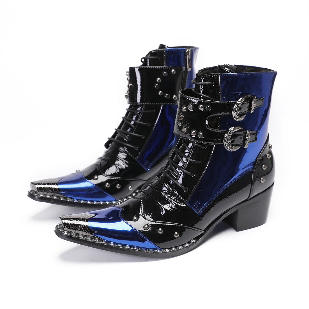 British style special-shaped with square head patent leather short boots plus size 44 45 46 47 48 patent leather thick heel Martin boots blue