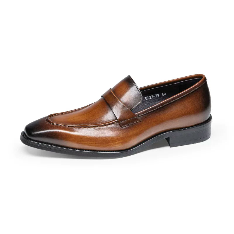 Men's Brown Genuine Leather Loafers, Breathable, Square Toe
