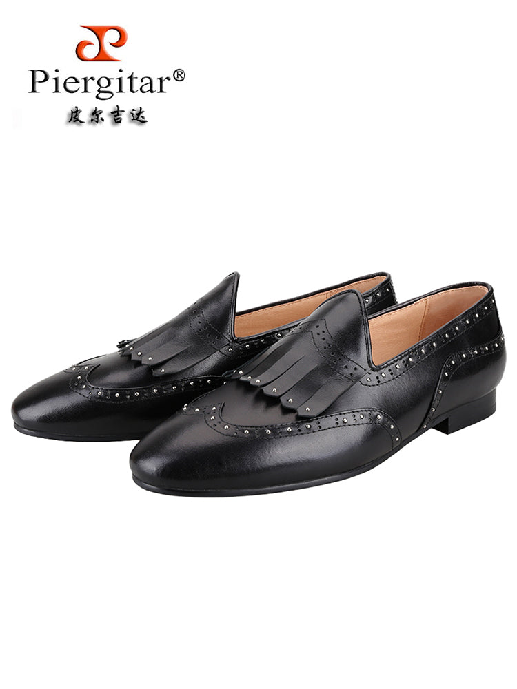 British style imported cowhide leather men's slip-on loafers with handmade rivet design, casual and versatile smoking shoes