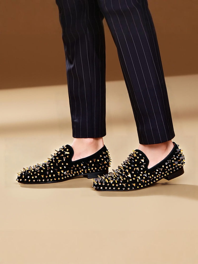 Summer new style black nubuck leather gold and silver two-color rivet men's loafers European and American trendy nightclub slip-on shoes