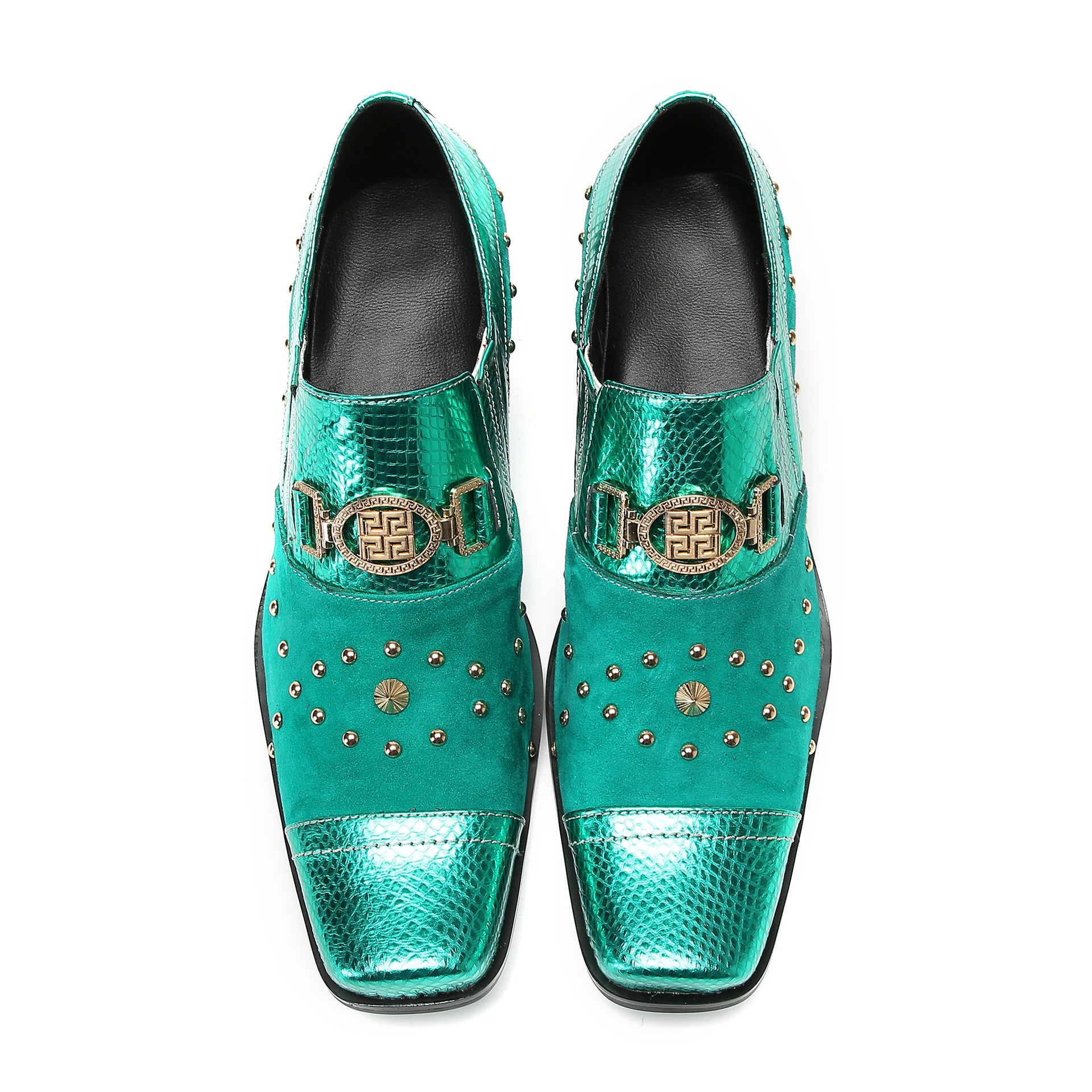 European Station 2023 Autumn New Business Leather Shoes Men's Shoes Square Toe Rivets Derby Shoes Thick Sole Formal Green Shoes Trendy Shoes