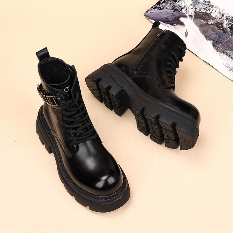 Men's Genuine Leather Martin Boots, Height Increasing, Thick Sole