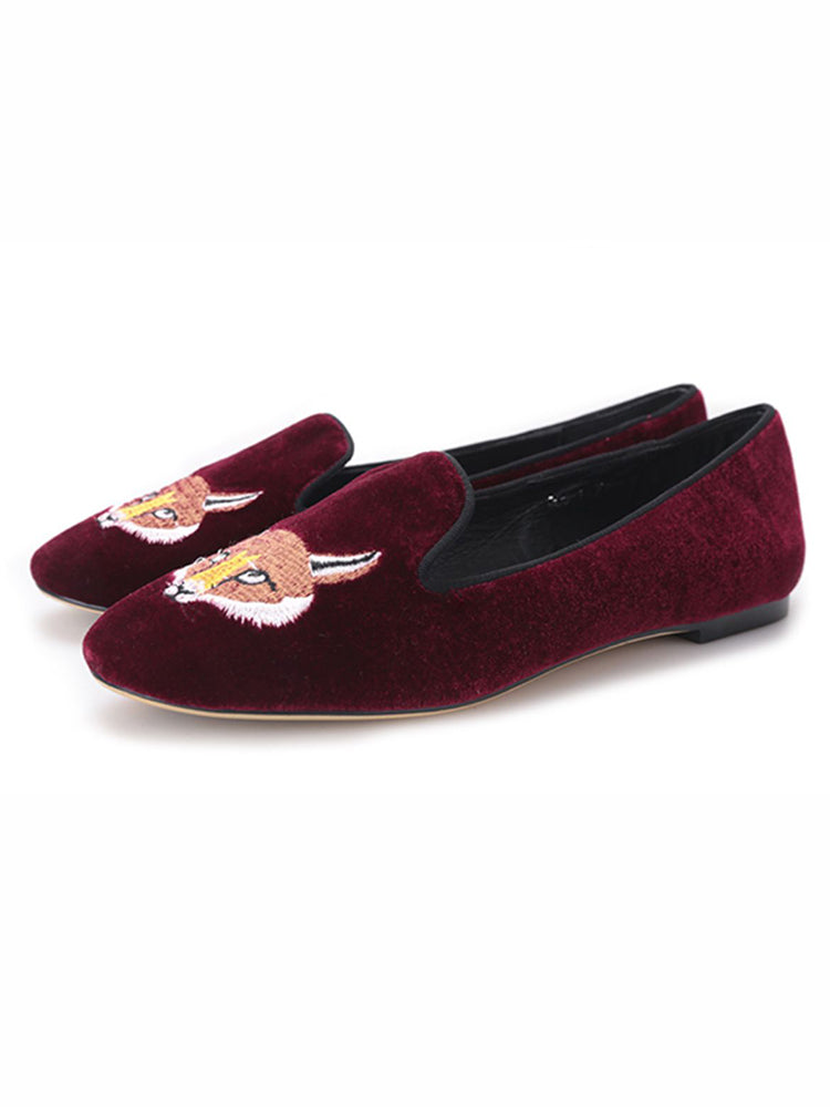 Velvet fox embroidered women's shoes European and American trend flat loafers British fashion comfortable velvet shoes
