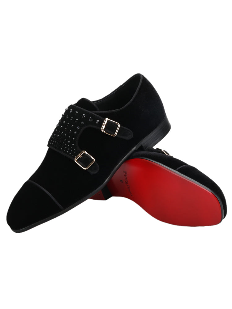 Luxurious trendy black velvet men's double buckle shoes, artificial crystal decoration, comfortable slip-on business loafers