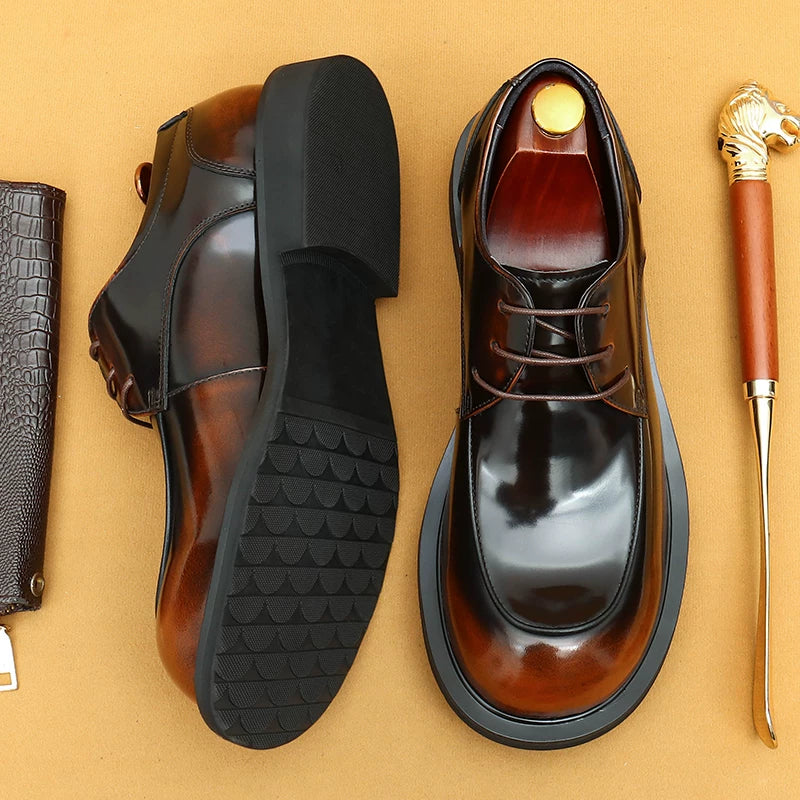 Men's Genuine Leather Derby Shoes, Round Toe, Glossy
