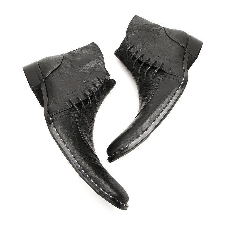 British Korean style men's casual high-top leather shoes brogue business sleeves increased short boots pointed toe Martin boots