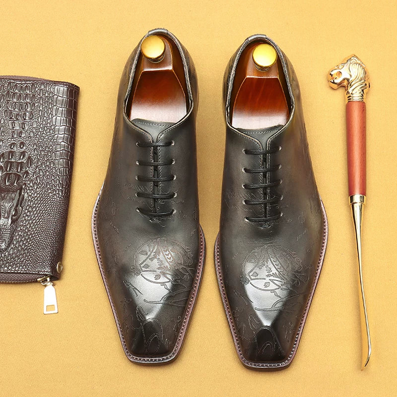Men's Brown Genuine Leather Oxford Shoes, Square Toe, British Style