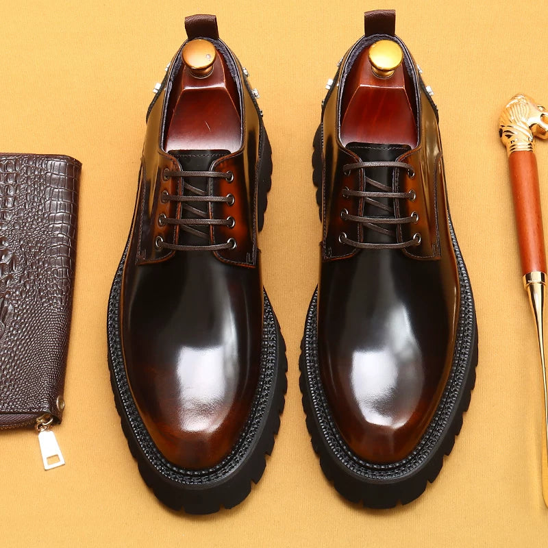 Men's Black Genuine Leather Leather Shoes, Height Increasing, Thick Sole
