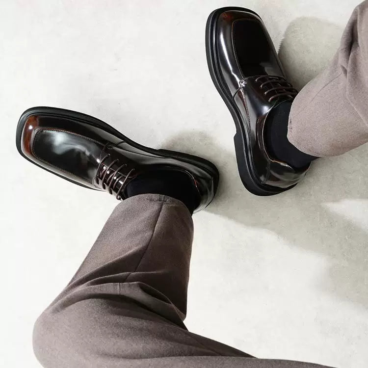 Men's Genuine Leather Derby Shoes, Square Toe, Glossy