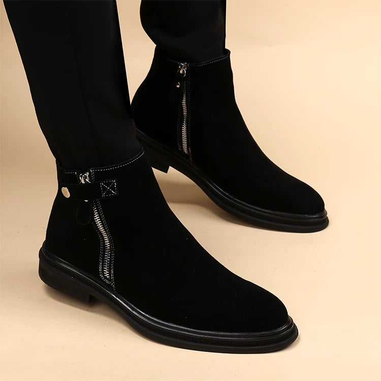 Men's Brown Genuine Leather Martin Boots, Height Increasing, Pointed Toe