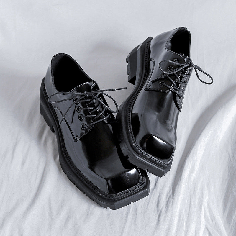 Niche styleclassy square toe leather shoes for men ins british style business thick sole derby shoes